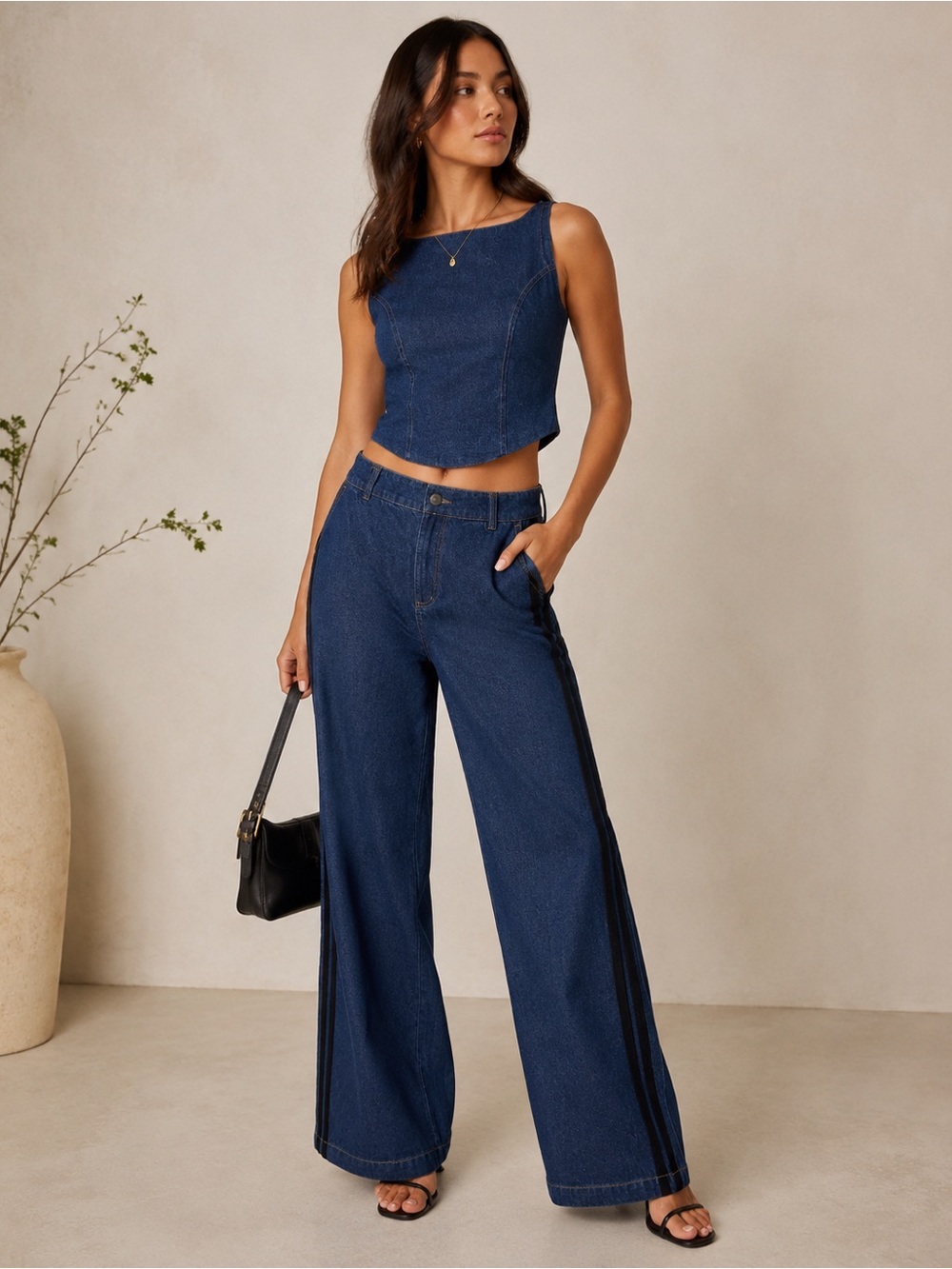 Wayf Indigo Blue Denim Set (top + long pants)